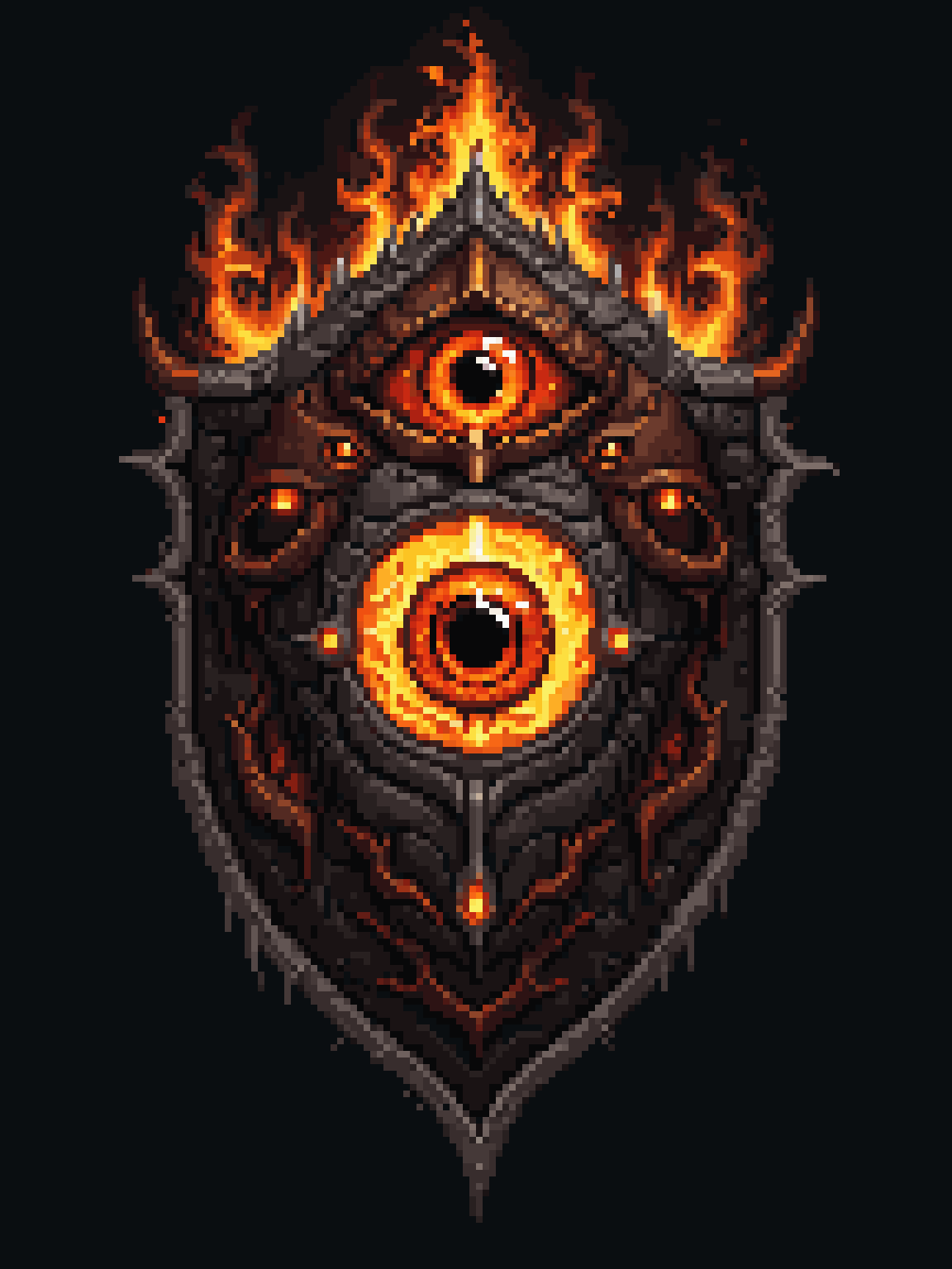 palettized-0171-3347979854-pixel art, cartoon illustration, beholder shield, demonic sauron eye, fire eye, simple black background, game icon _lora_game_ic.png